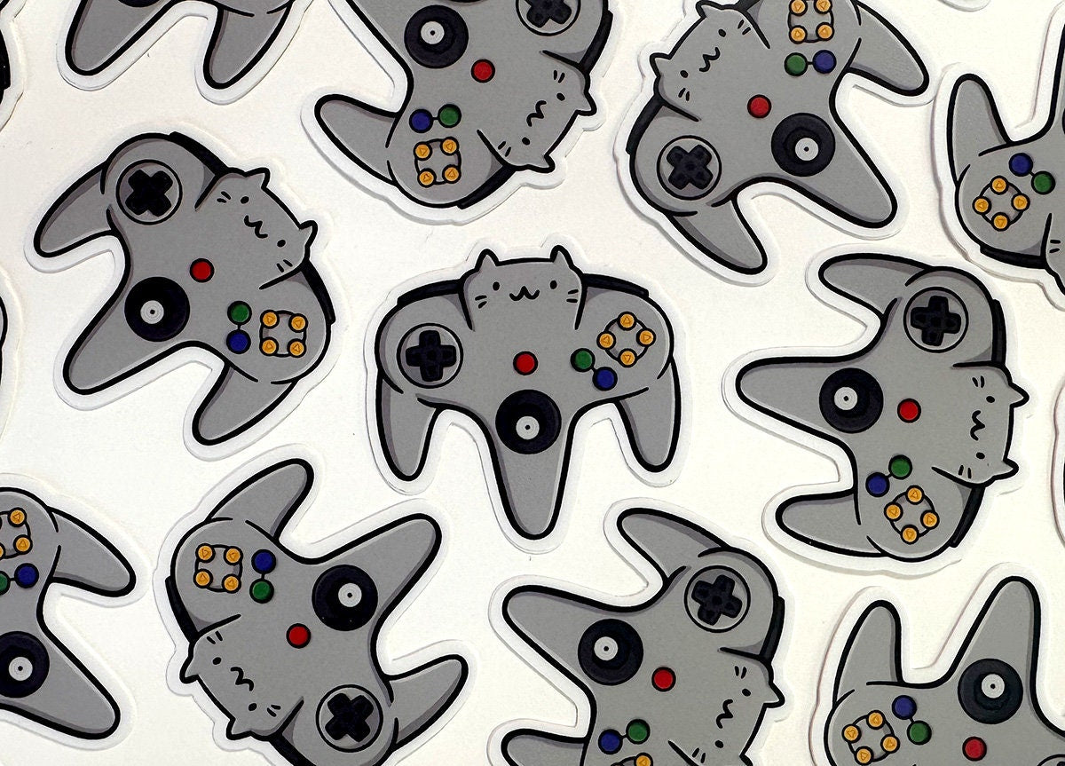 Video Game Controller Cat Mini Sticker (Retro Gray)