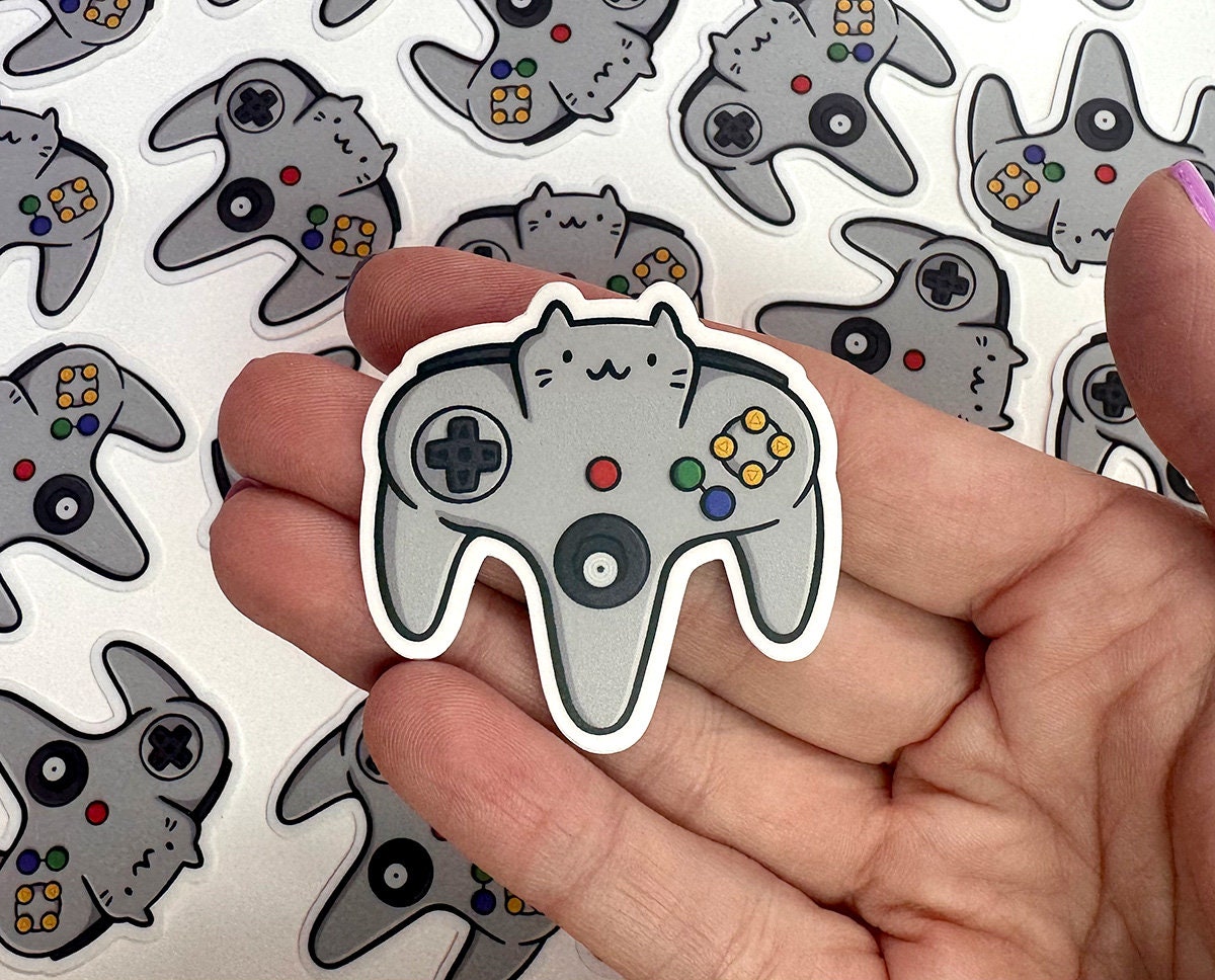 Video Game Controller Cat Mini Sticker (Retro Gray)