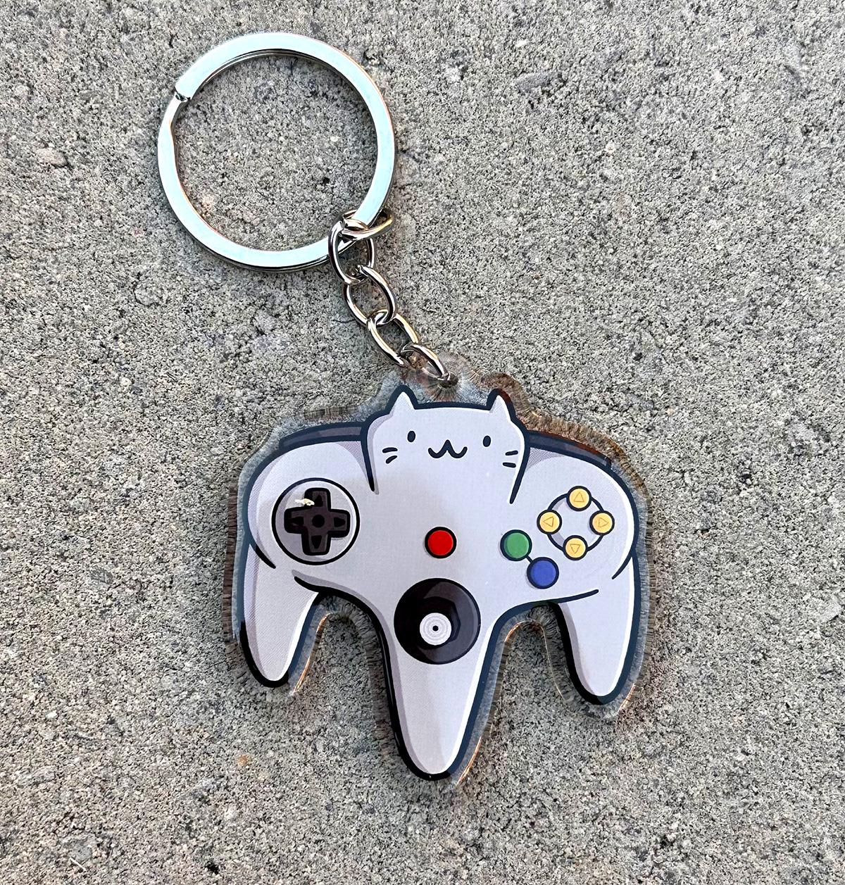 Video Game Controller Cat Keychain (Retro Gray)