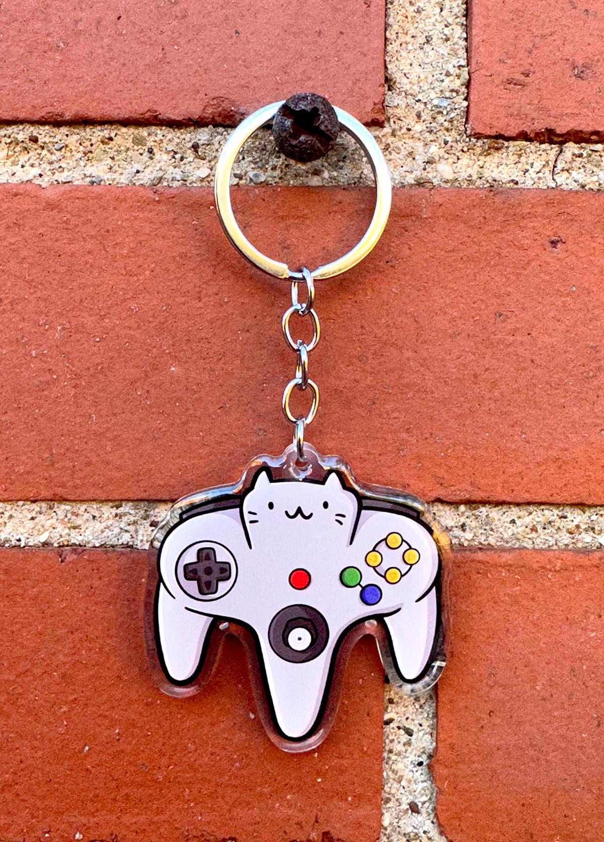 Video Game Controller Cat Keychain (Retro Gray)