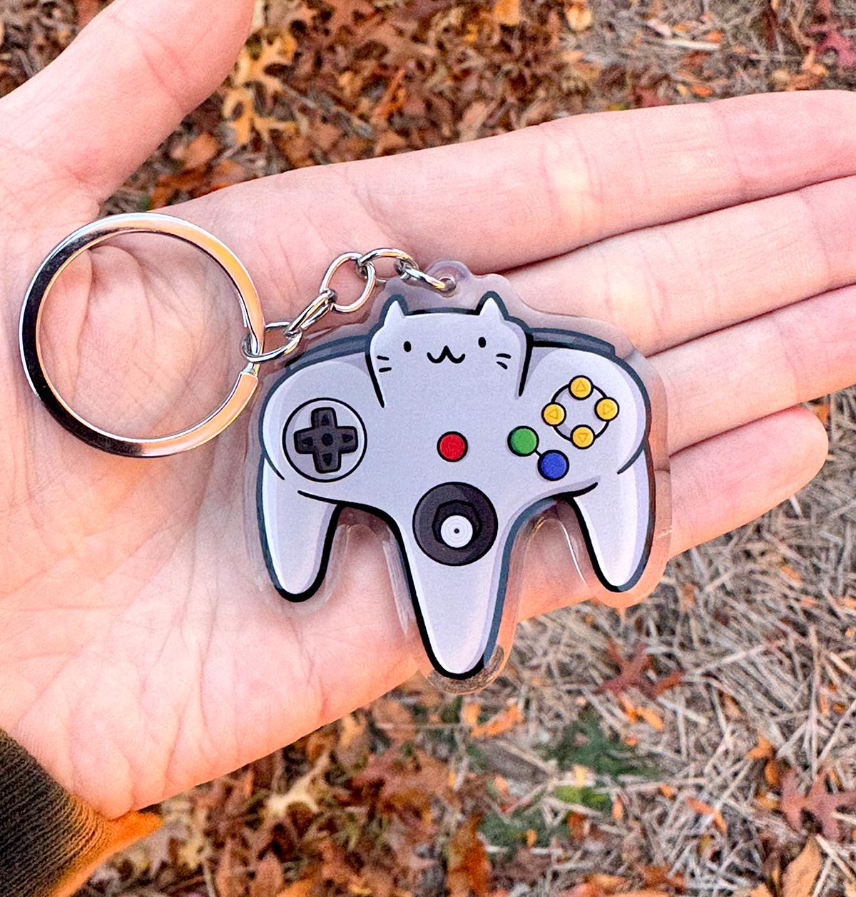 Video Game Controller Cat Keychain (Retro Gray)