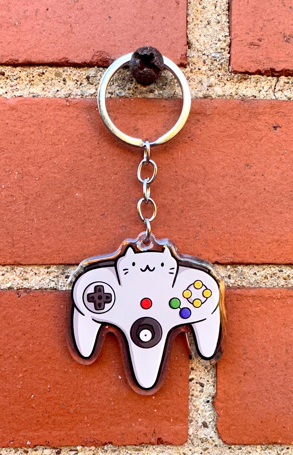 Video Game Controller Cat Keychain (Retro Gray)