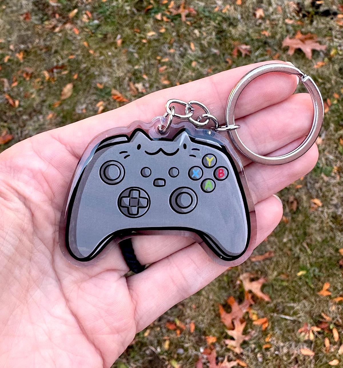 Video Game Controller Cat Keychain (Dark Gray)