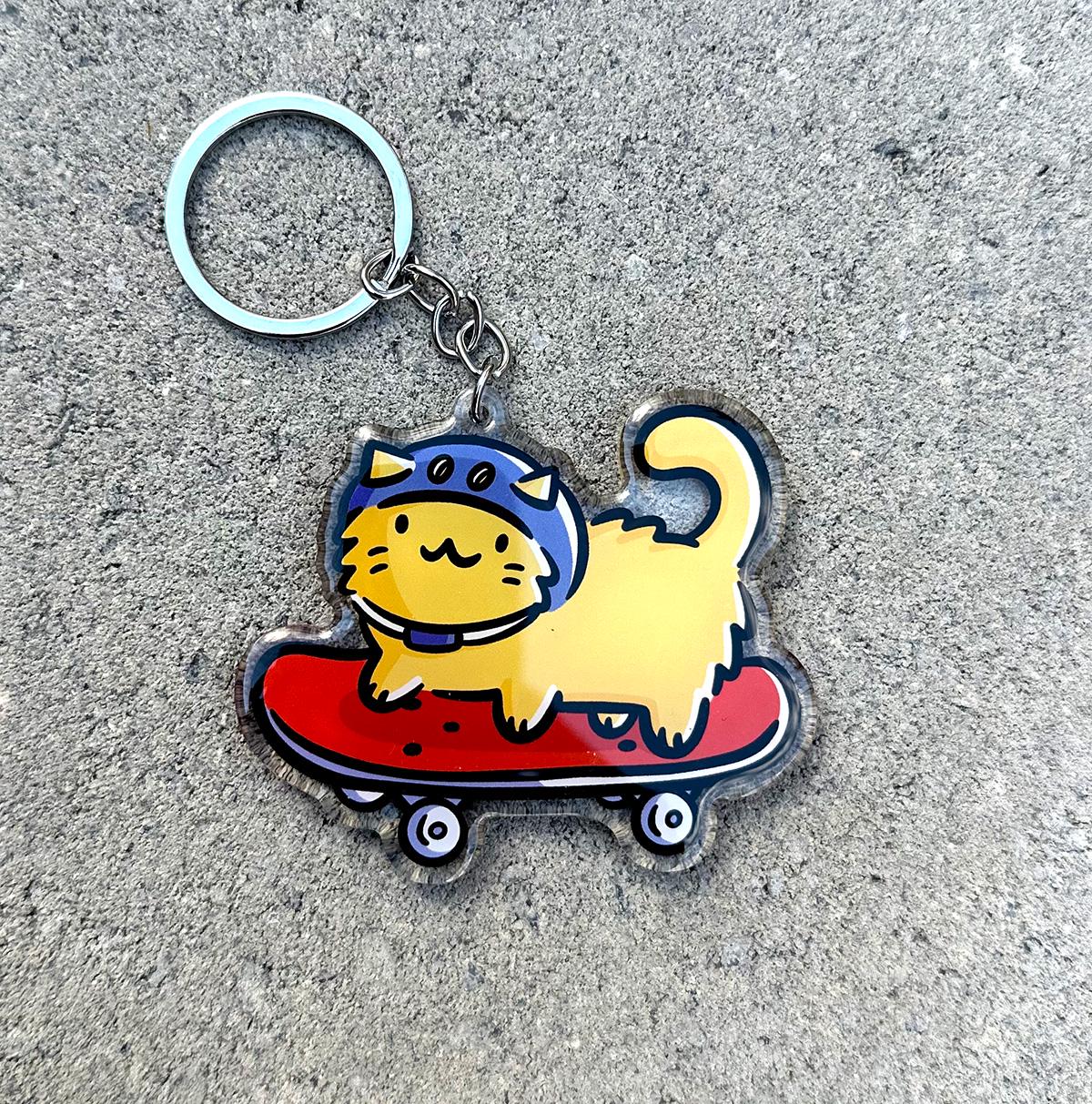 Skateboard Cat Keychain