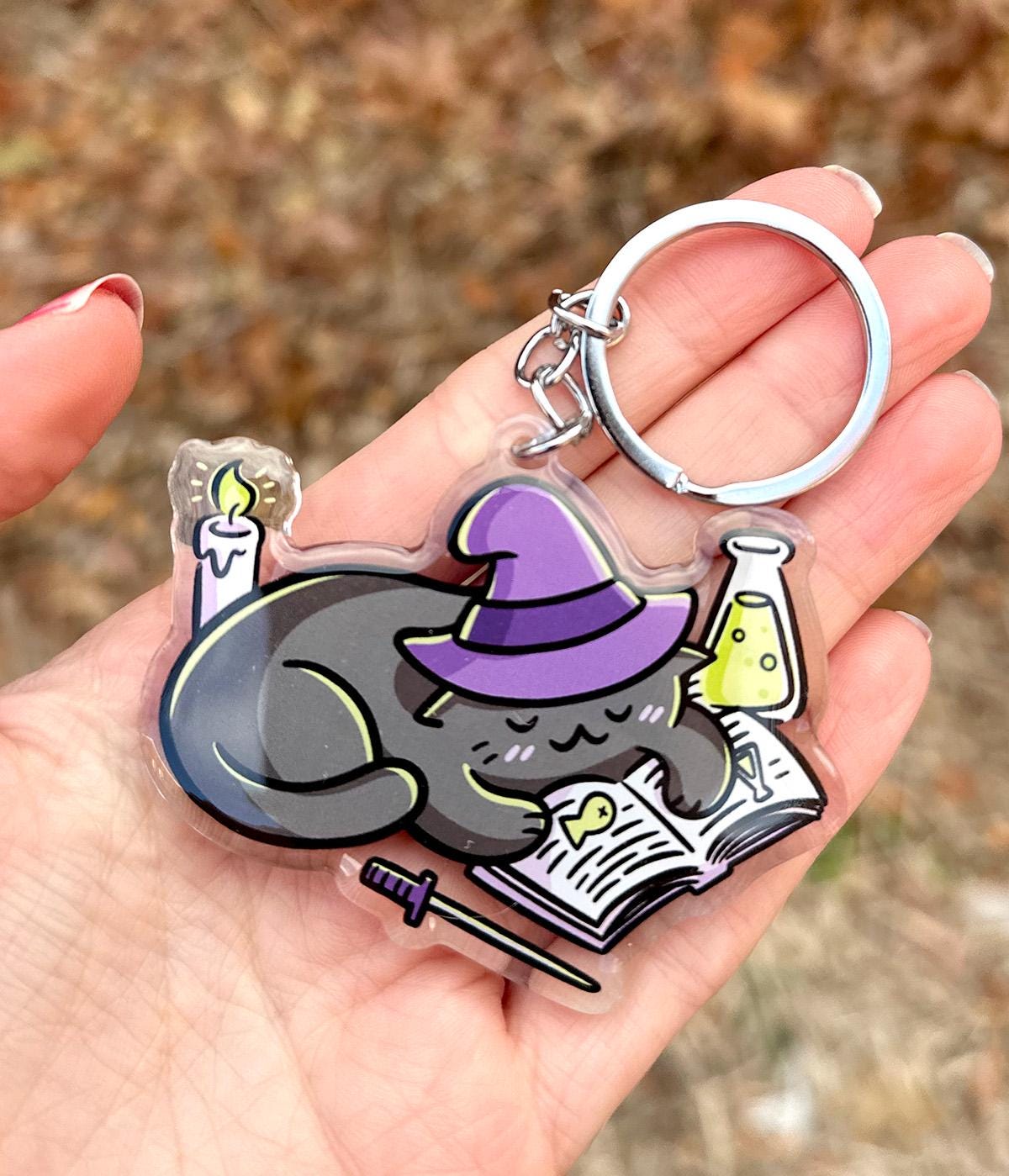 Reading Witch Cat Keychain