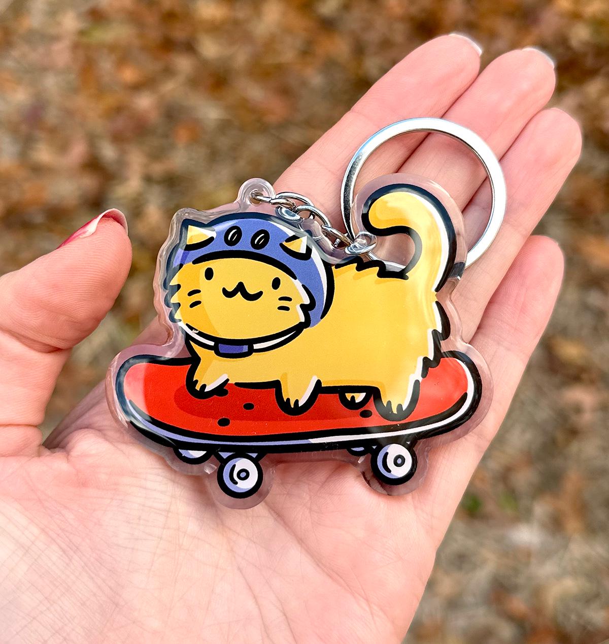 Skateboard Cat Keychain