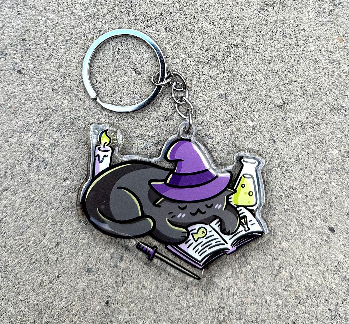 Reading Witch Cat Keychain