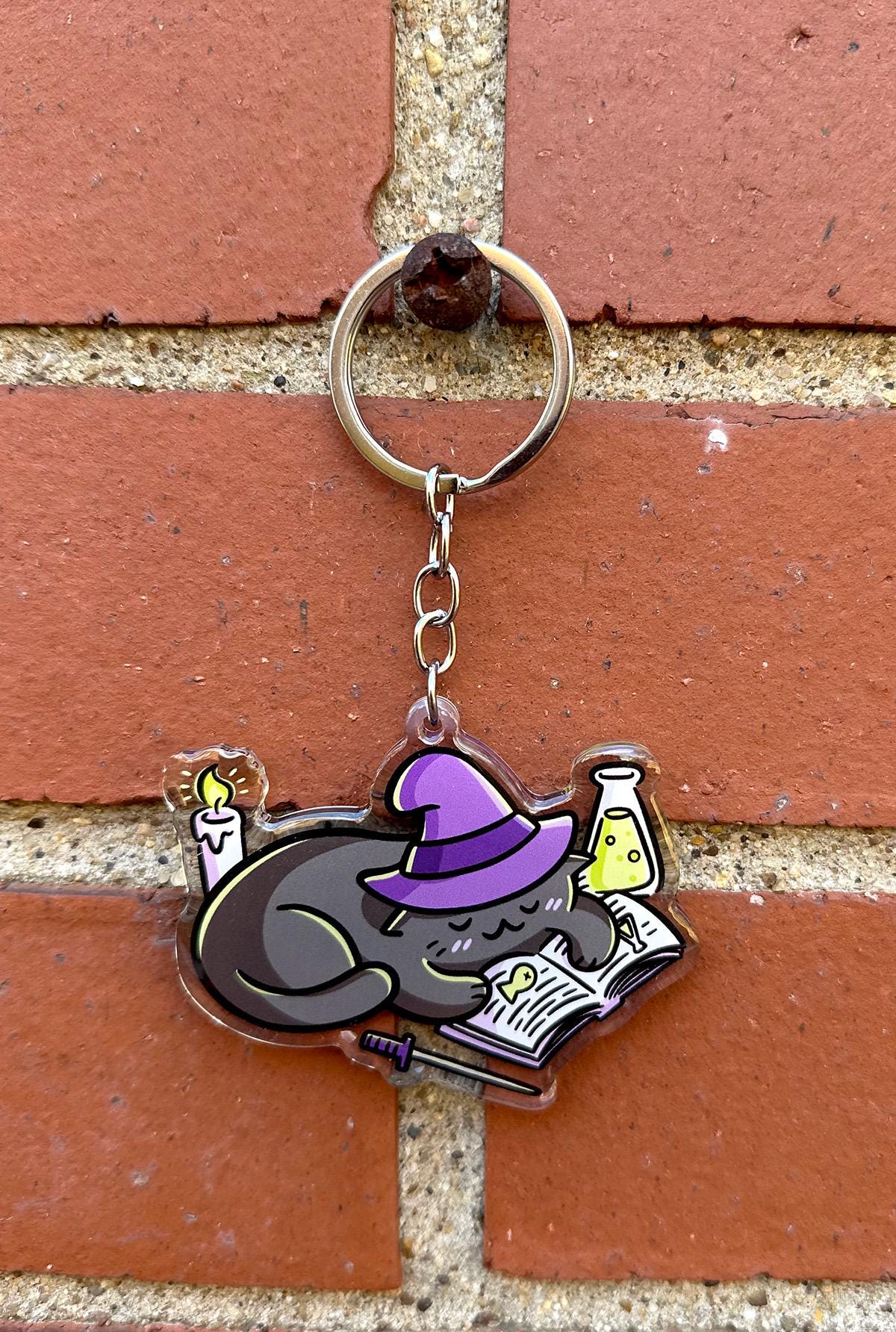 Reading Witch Cat Keychain