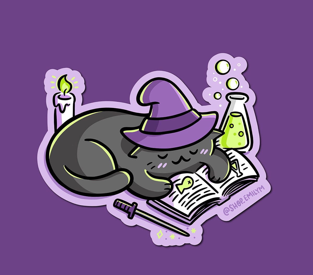 Reading Witch Cat Sticker