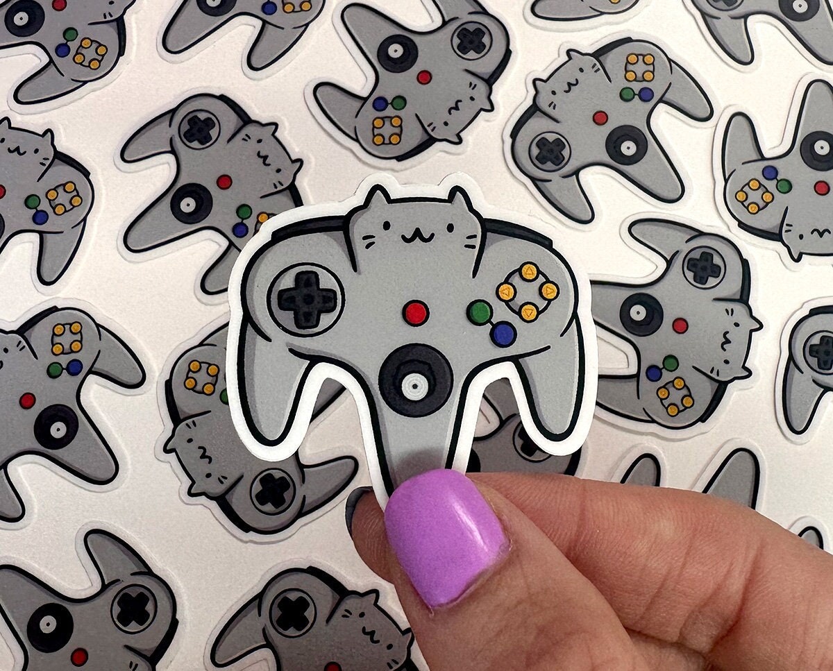 Video Game Controller Cat Mini Sticker (Retro Gray)